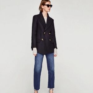 ZARA NAVY BLUE/EGGPLANT DOUBLE BREASTED WOOL COAT JACKET
